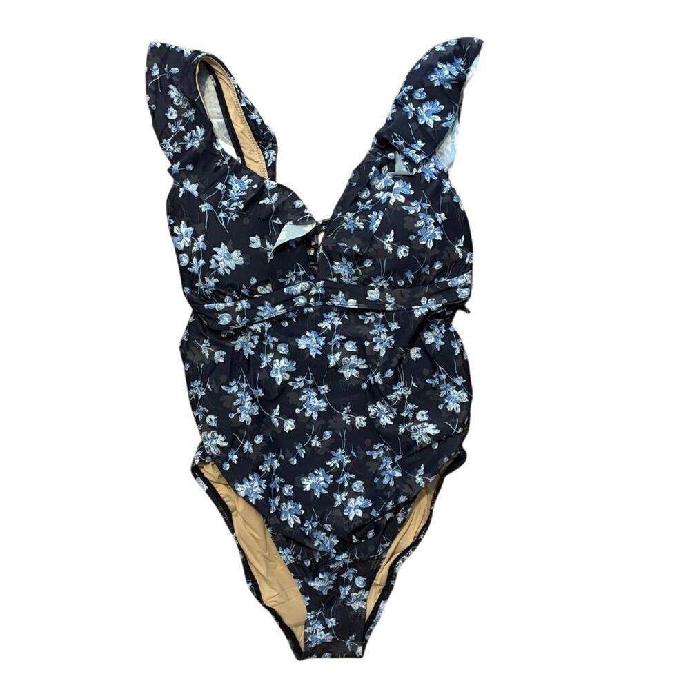 NWT A Pea in the Pod Ruffled Maternity One
Piece Floral Swimsuit Blue Size XS